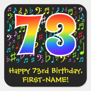 73rd Birthday: Colourful Music Symbols, Rainbow 73 Square Sticker