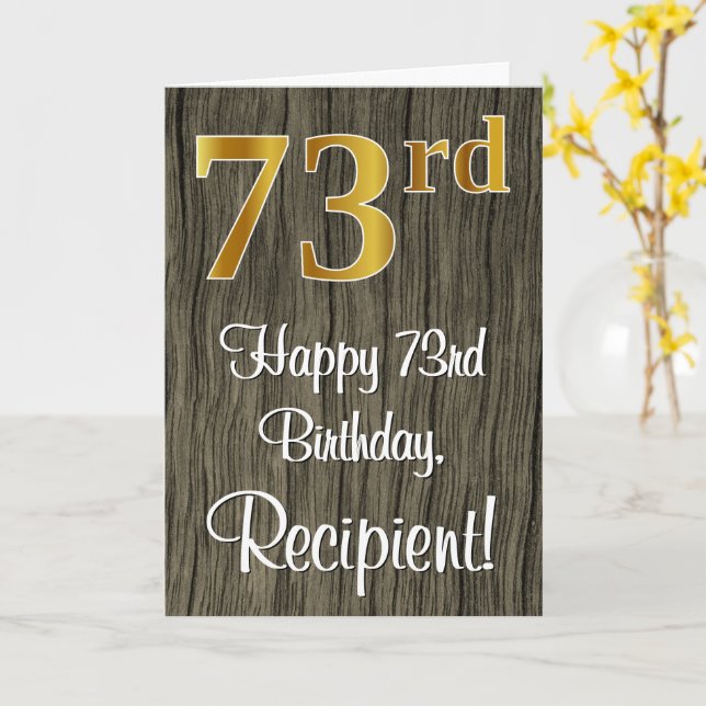 73rd Birthday: Elegant Faux Gold Look #, Faux Wood Card (Yellow Flower)