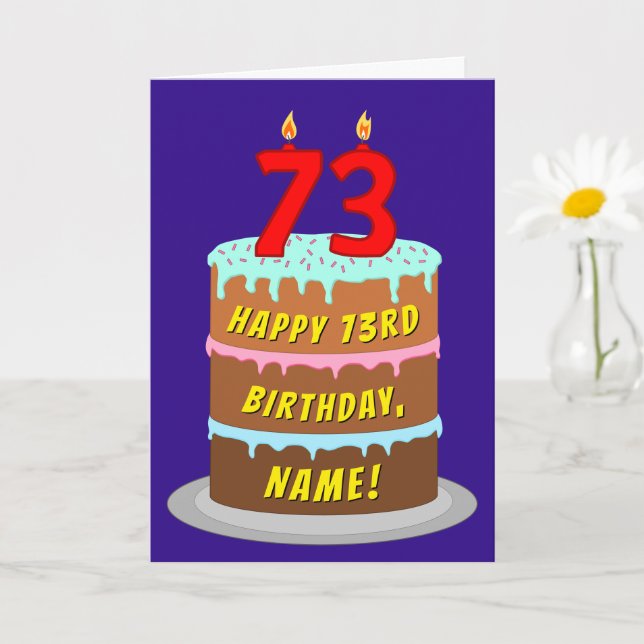 73rd Birthday: Fun Cake and Candles + Custom Name Card (Small Plant)
