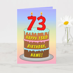73rd Birthday — Fun Cake & Candles, w/ Custom Name Card