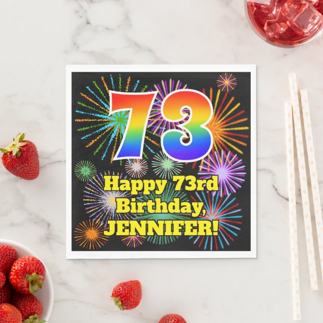 73rd Birthday: Fun Fireworks Pattern + Rainbow 73 Napkin (Insitu)