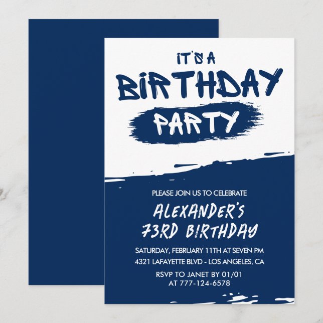 73rd birthday invitations Men Graffiti Navy Blue (Front/Back)