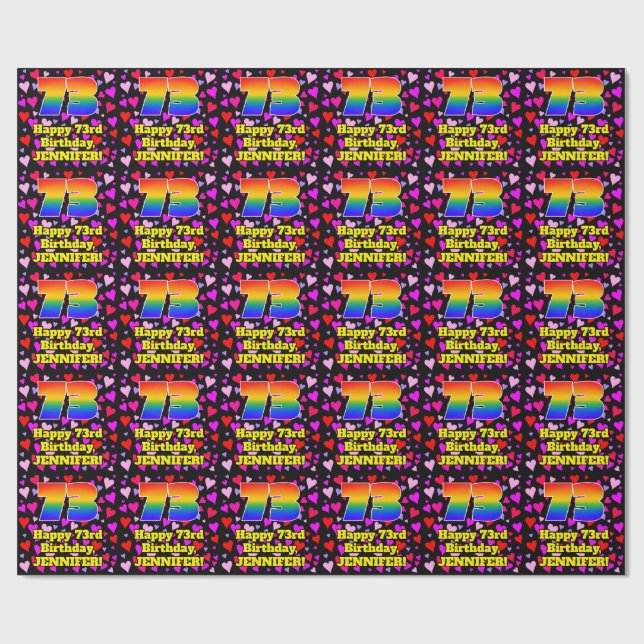 73rd Birthday: Loving Hearts Pattern, Rainbow # 73 Wrapping Paper (Flat)