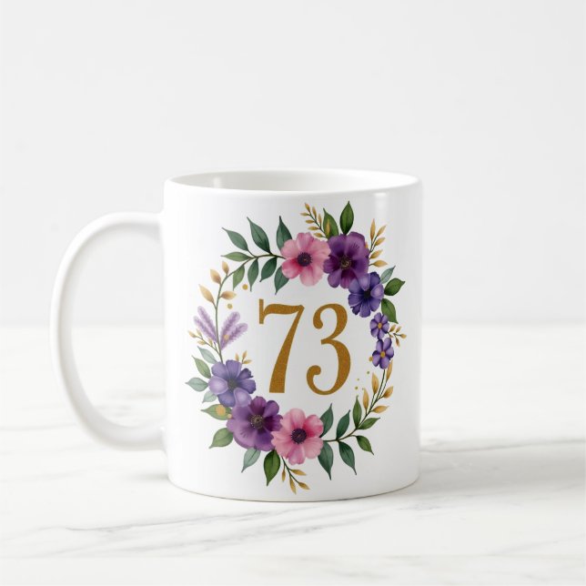 73rd Birthday Mug – Floral Wreath with Gold Number (Left)