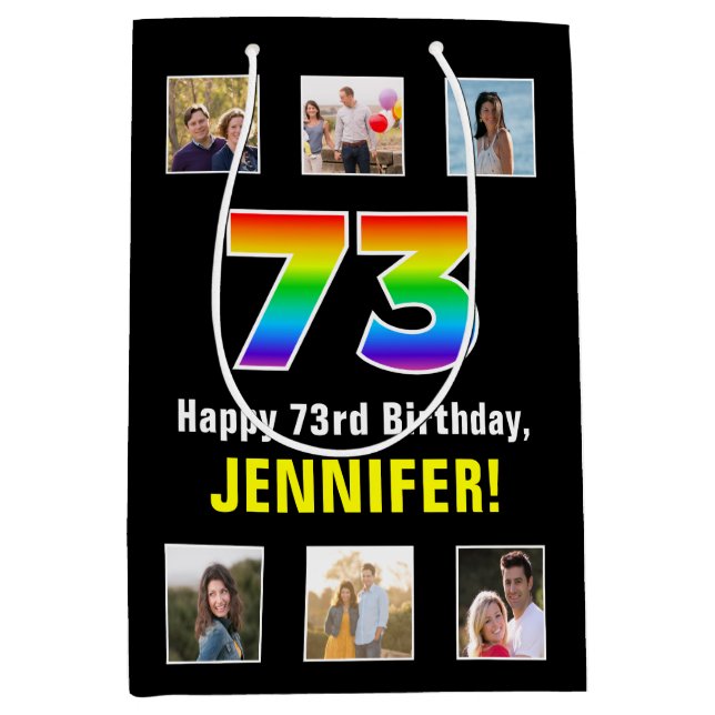 73rd Birthday: Rainbow “73“, Custom Photos & Name Medium Gift Bag (Front)