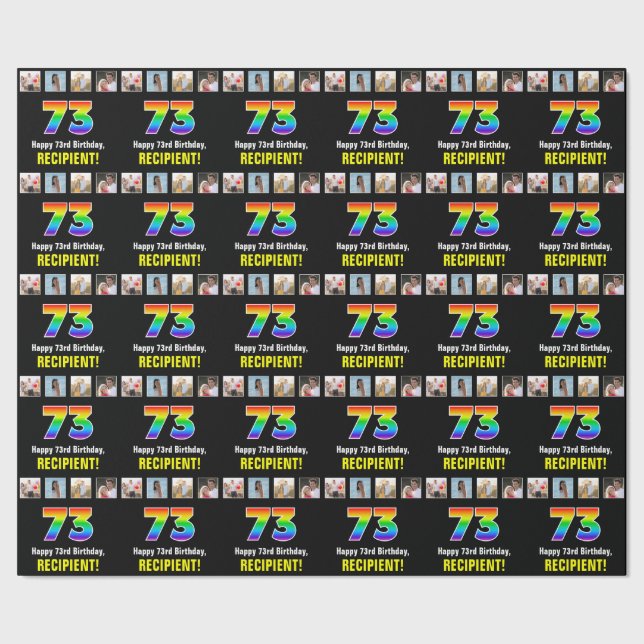 73rd Birthday: Rainbow “73“; Custom Photos & Name Wrapping Paper (Seam)