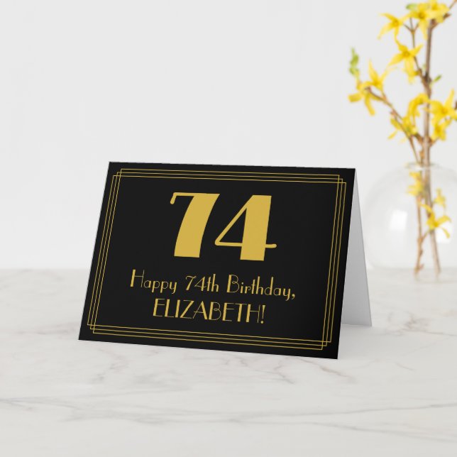 74th Birthday: Art Deco Inspired Look "74" + Name Card (Yellow Flower)