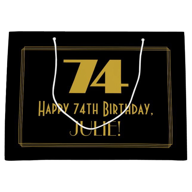 74th Birthday — Art Deco Inspired Look "74" & Name Large Gift Bag (Front)