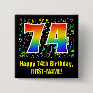 74th Birthday: Colorful Music Symbols, Rainbow 74 15 Cm Square Badge