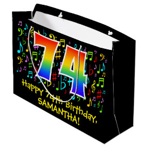 74th Birthday - Colorful Music Symbols, Rainbow 74 Large Gift Bag