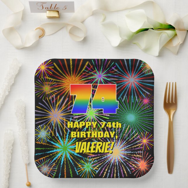 74th Birthday: Colourful, Fun Celebratory Firework Paper Plate (Wedding)
