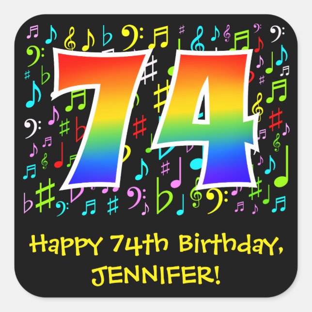74th Birthday: Colourful Music Symbols, Rainbow 74 Square Sticker (Front)