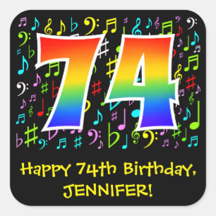 74th Birthday: Colourful Music Symbols, Rainbow 74 Square Sticker
