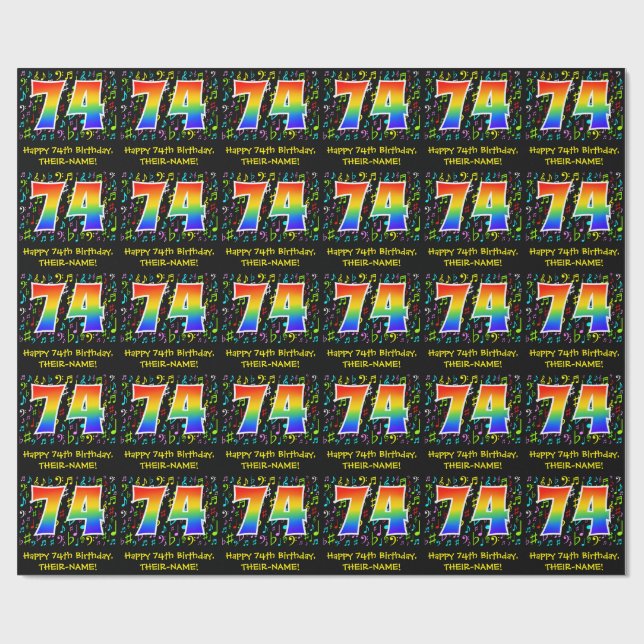 74th Birthday: Colourful Music Symbols, Rainbow 74 Wrapping Paper (Flat)