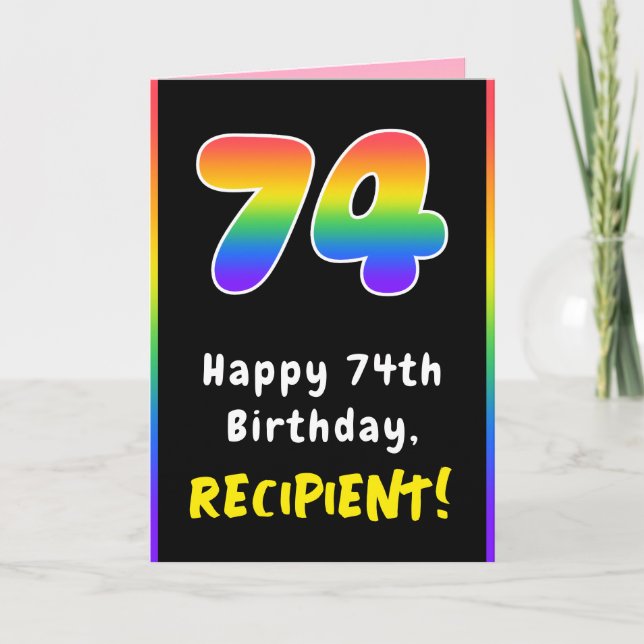 74th Birthday: Colourful Rainbow # 74, Custom Name Card (Front)