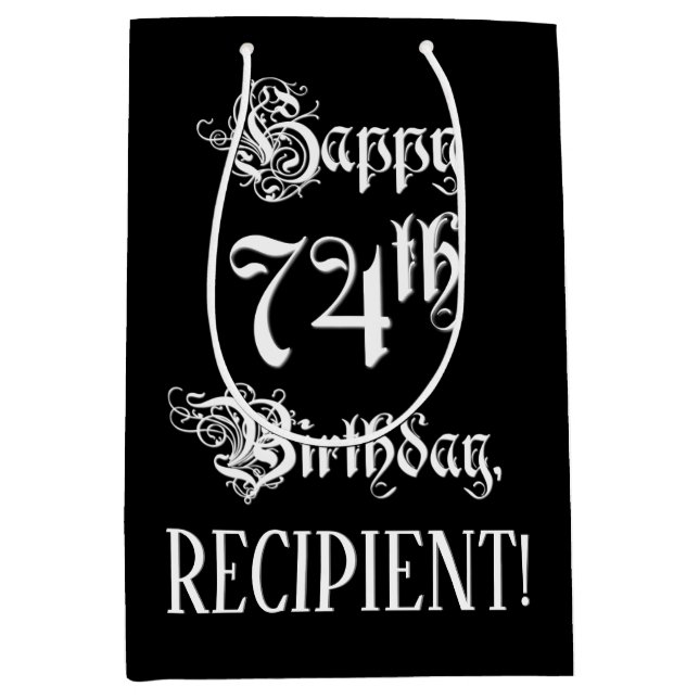 74th Birthday: Fancy, Elegant Script + Custom Name Medium Gift Bag (Front)