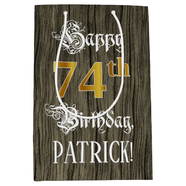 74th Birthday: Faux Gold Look & Faux Wood Pattern Medium Gift Bag (Front)