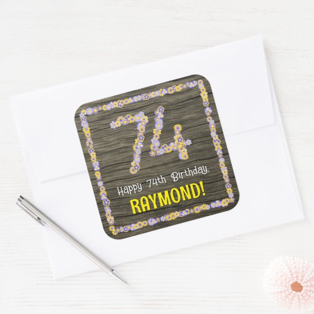 74th Birthday: Floral Number, Faux Wood Look, Name Square Sticker (Envelope)