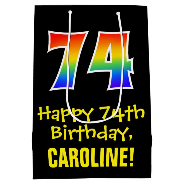 74th Birthday: Fun, Bold, Colourful, Rainbow "74" Medium Gift Bag (Back)