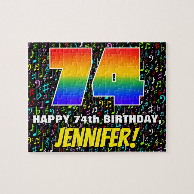 74th Birthday — Fun, Colourful Music Symbols & “74 Jigsaw Puzzle (Horizontal)