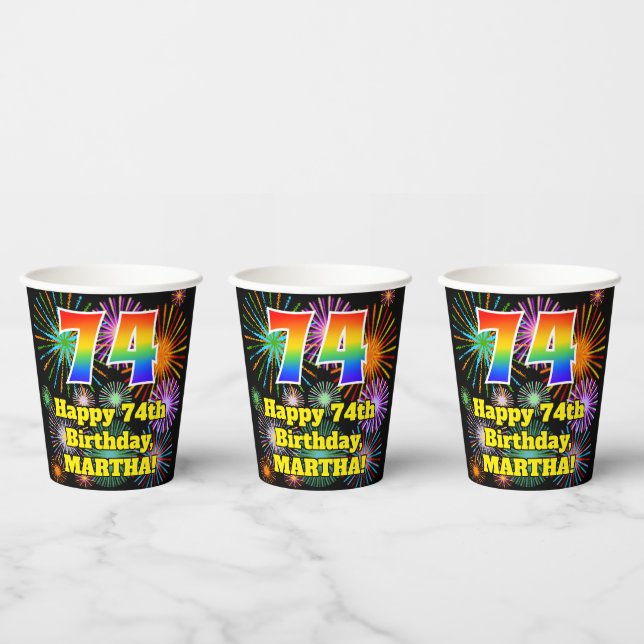 74th Birthday: Fun Fireworks Pattern + Rainbow 74 Paper Cups (Multi)