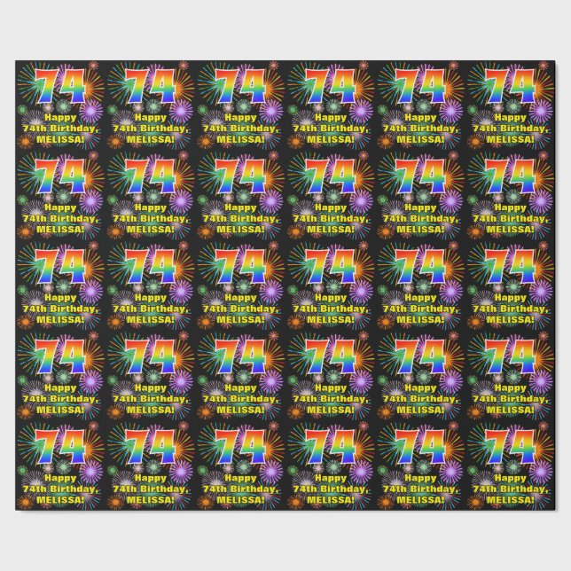 74th Birthday: Fun Fireworks, Rainbow Look # “74” Wrapping Paper (Seam)