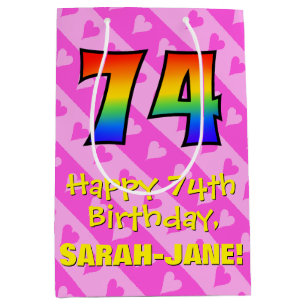 74th Birthday: Fun Pink Hearts Stripes; Rainbow 74 Medium Gift Bag
