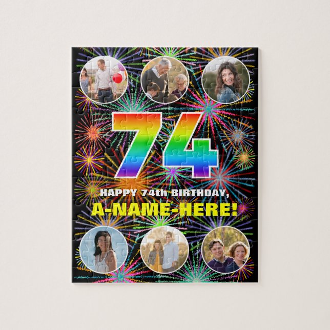 74th Birthday: Fun Rainbow #, Custom Name + Photos Jigsaw Puzzle (Vertical)
