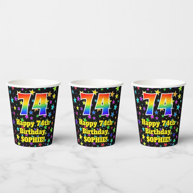 74th Birthday: Fun Stars Pattern and Rainbow 74 Paper Cups (Multi)