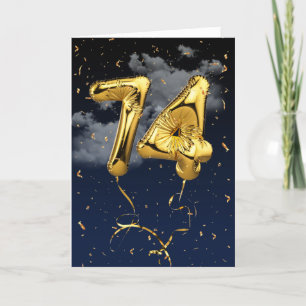 74th Birthday Gold Mylar Balloon and Confetti Card