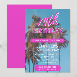 74th birthday invitation Summer Pink Palm tree