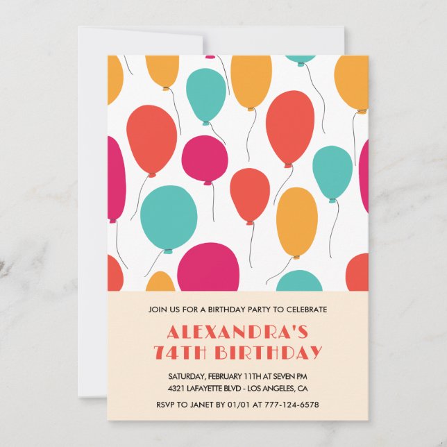 74th birthday invitations Balloons Colourful (Front)