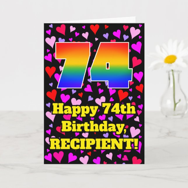 74th Birthday: Loving Hearts Pattern, Rainbow # 74 Card (Small Plant)