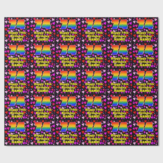 74th Birthday: Loving Hearts Pattern, Rainbow # 74 Wrapping Paper (Flat)