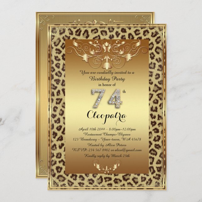 74th, Birthday Party 74th, Royal Cheetah gold plus Invitation (Front/Back)