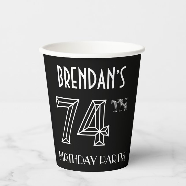 74th Birthday Party: Art Deco Style + Custom Name Paper Cups (Front)