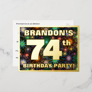 74th Birthday Party: Bold, Colourful Fireworks Loo Foil Invitation Postcard