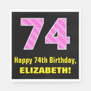 74th Birthday: Pink Stripes and Hearts "74" + Name Napkin