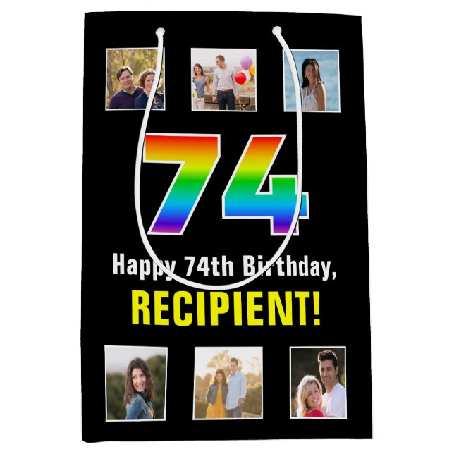 74th Birthday: Rainbow “74“, Custom Photos & Name Medium Gift Bag (Front)