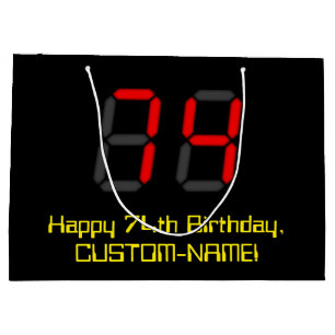 74th Birthday: Red Digital Clock Style "74" + Name Large Gift Bag