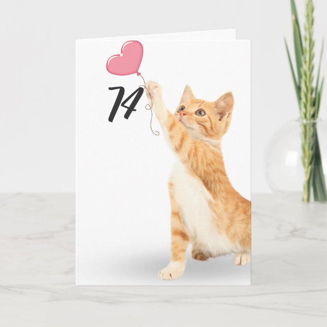 74th birthday tabby cat with heart balloon card (Front)