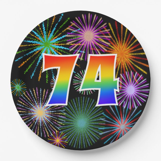74th Event - Fun, Colourful, Bold, Rainbow 74 Paper Plate (Front)