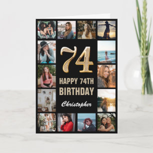 74th Happy Birthday Black and Gold Photo Collage Card