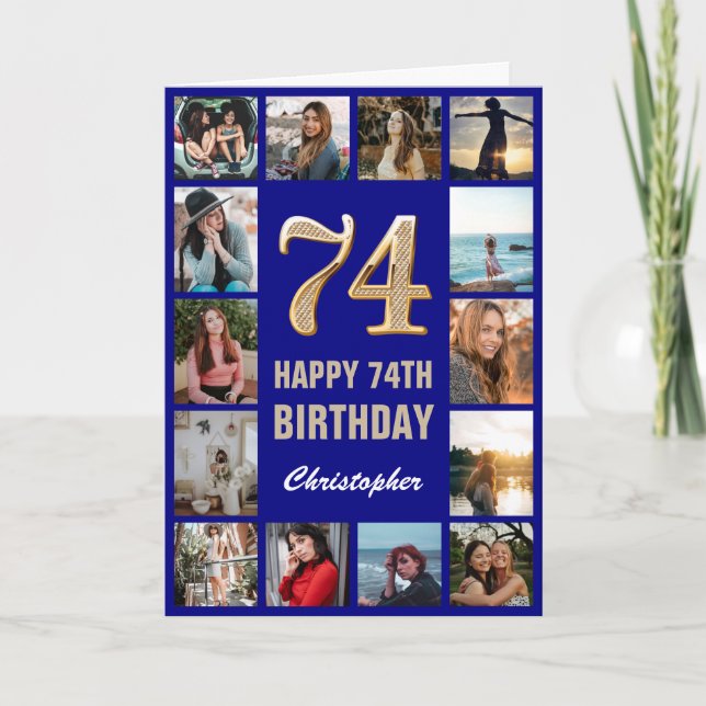 74th Happy Birthday Navy Blue & Gold Photo Collage Card (Front)