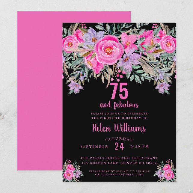 75 and fabulous black pink 90th birthday invitation (Front/Back)