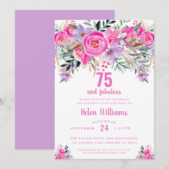 75 and fabulous pink 75th birthday invitation (Front/Back)