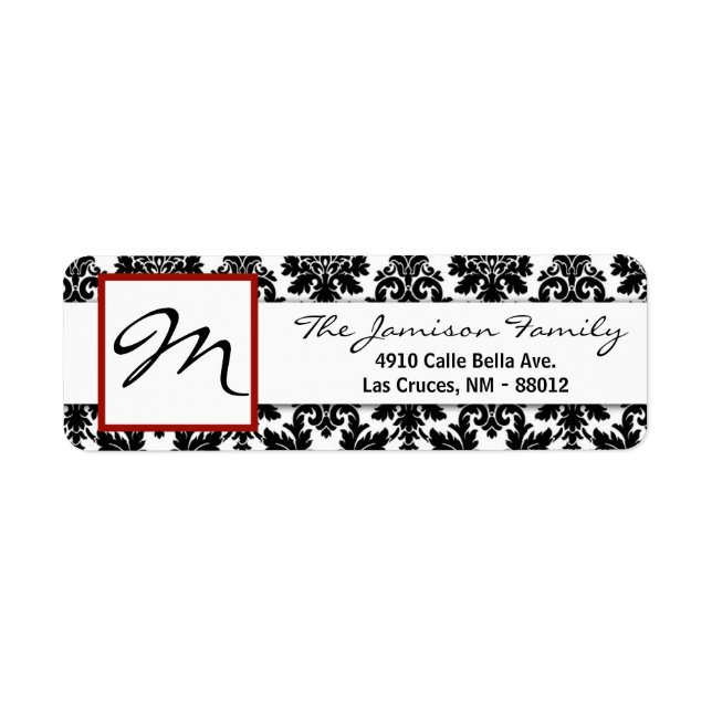 .75"x2.25" Return Address Label Black Red Damask (Front)