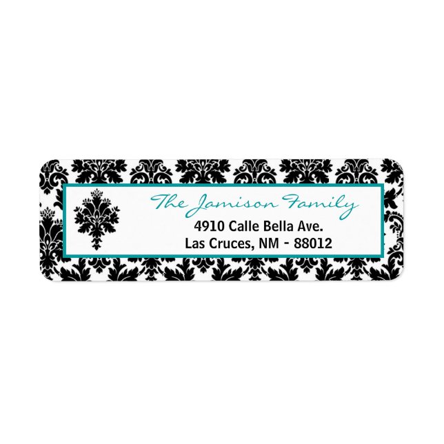 .75"x2.25" Return Address Label Black Teal Damask (Front)