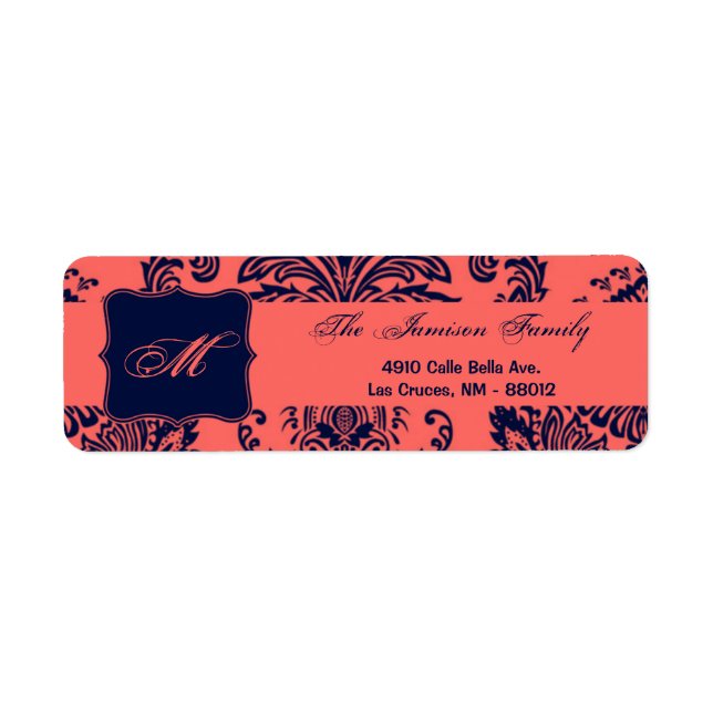 .75"x2.25" Return Address Label Navy Blue Damask (Front)