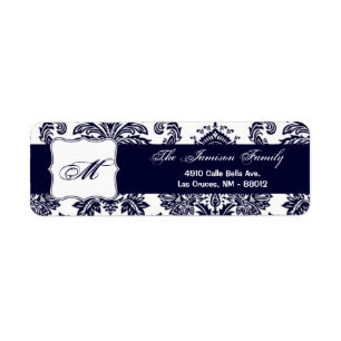 .75"x2.25" Return Address Label Navy Blue Damask
